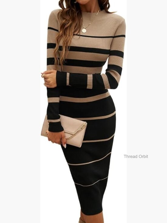 Dresses & Skirts - Long Sleeve Bodycon Midi Dress Crew Neck Ribbed Knit Slim Fit Sweater Dress